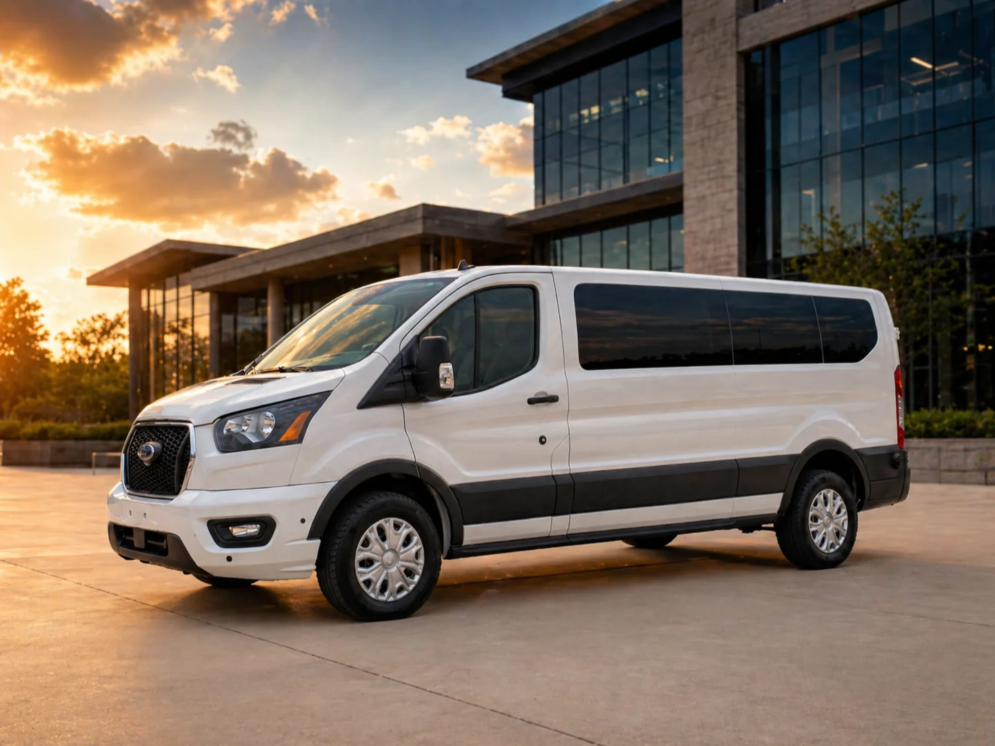 2024 Ford Transit 12-passenger van at sunset in Dallas