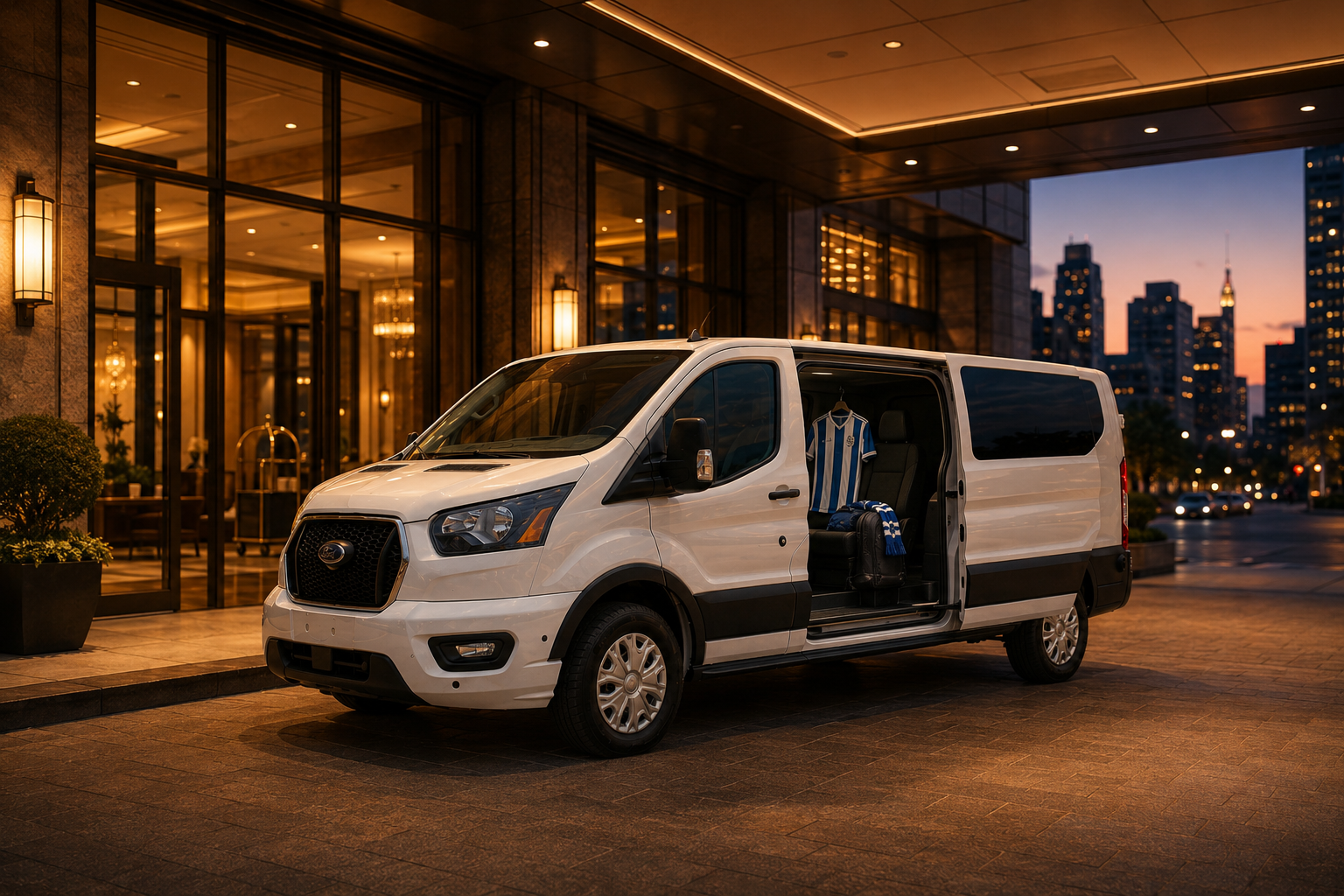 2024 Ford Transit 12-passenger van parked at luxury Dallas hotel with World Cup fan gear, ready for group transport to AT&T Stadium